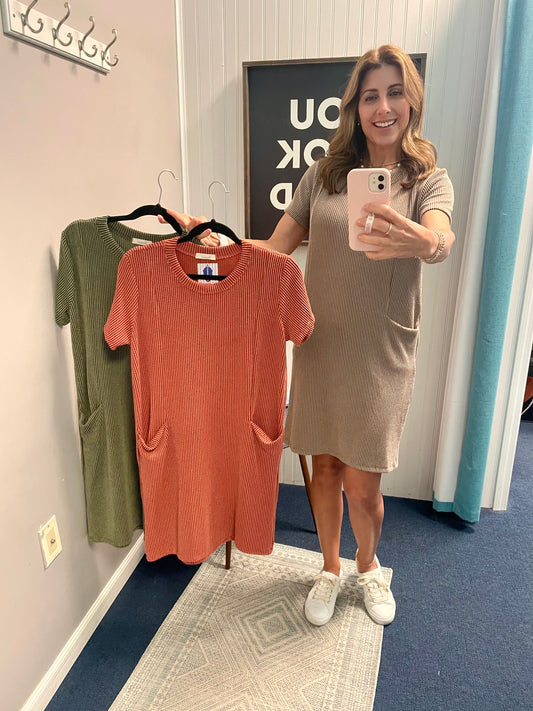 Solid Ribbed Side Pocket Crew Neck Dress-Fall