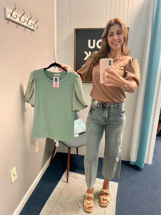Solid Top w/ Tonal Eyelet Lace Puff Sleeve