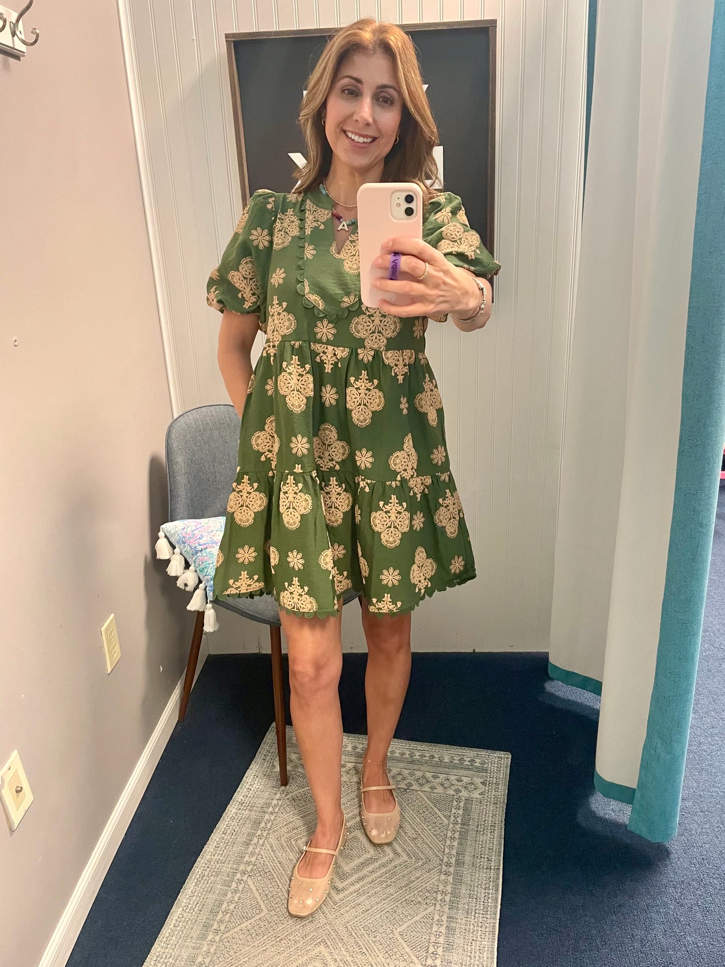 Flower Medallion Puff Sleeve Scallop Trim Dress-Olive