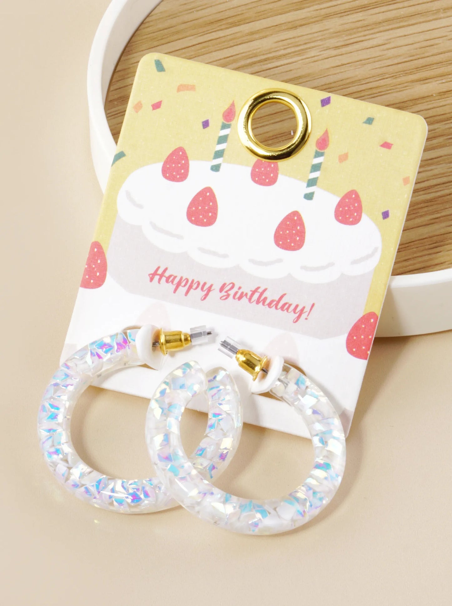 Birthday Shiny Confetti Acetate Hoop Earring-White