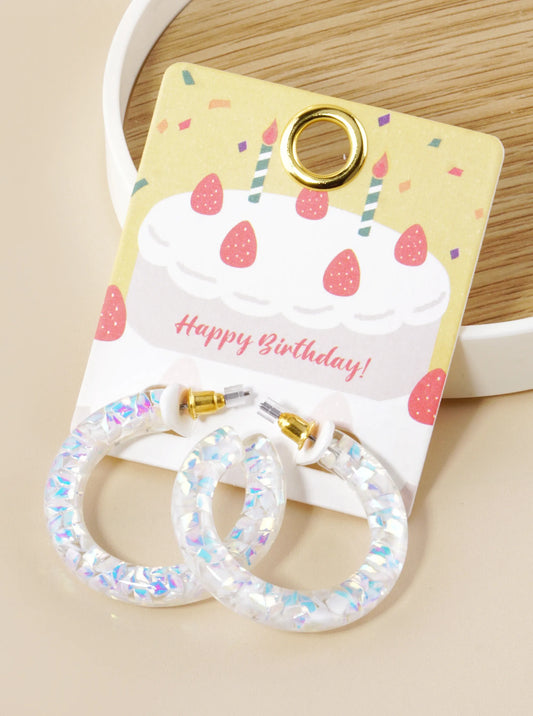 Birthday Shiny Confetti Acetate Hoop Earring-White