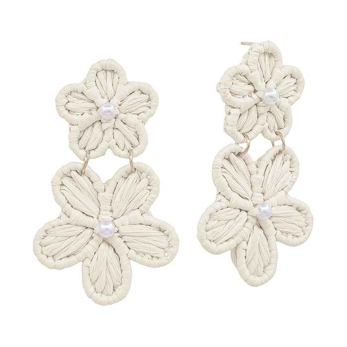 Raffia Double Flower Pearl Accent Earring