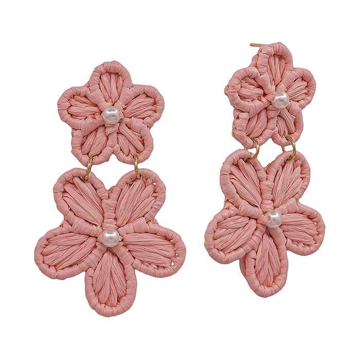 Raffia Double Flower Pearl Accent Earring