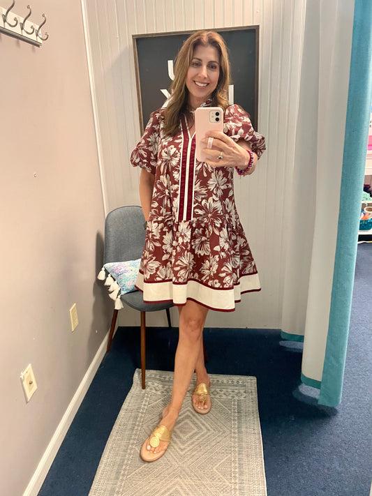 Floral Contrast Stripe Placket & Hem Dress-Burgundy