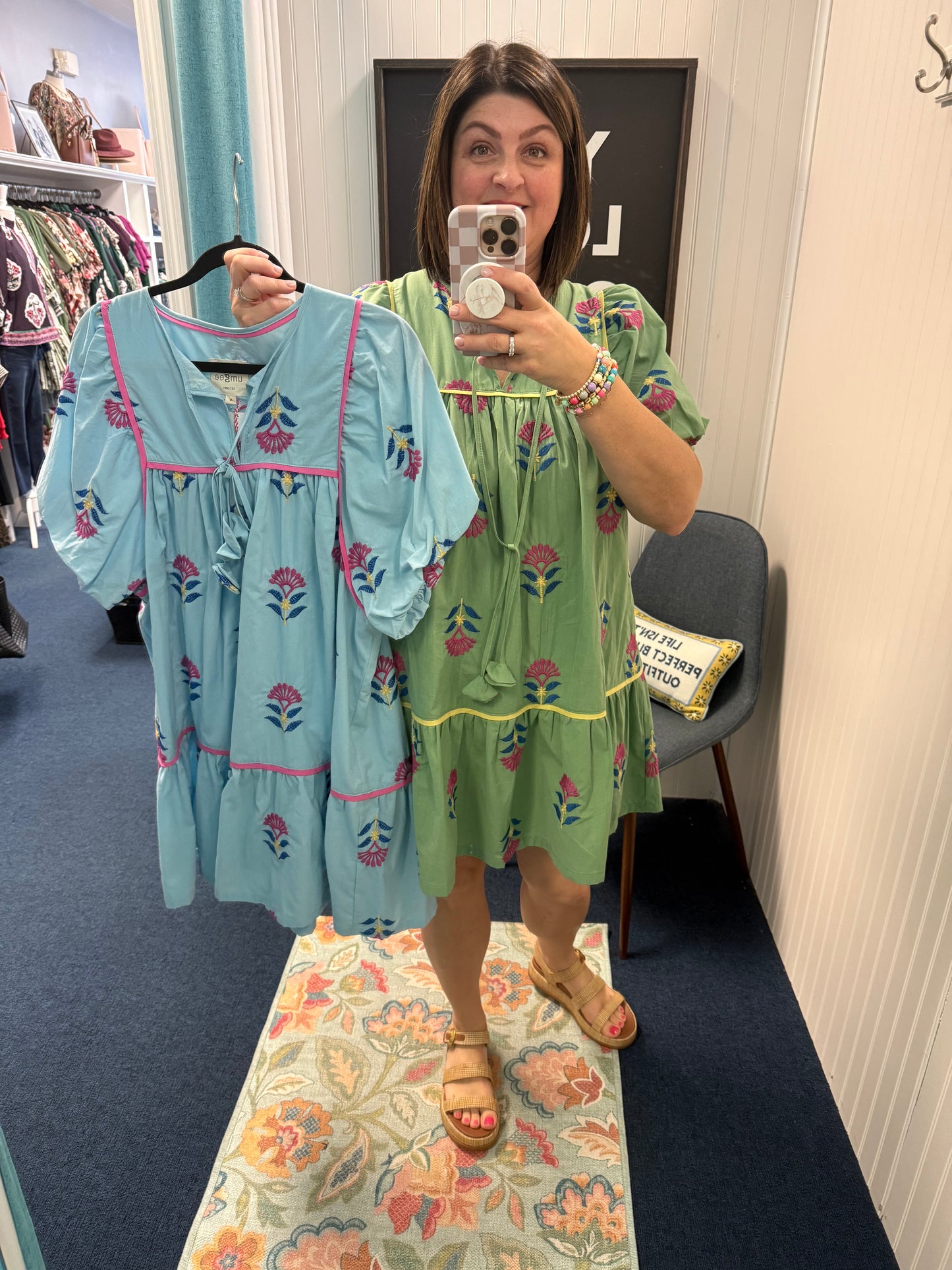 Embroidered Flower Puff Sleeve Tie Neck Dress