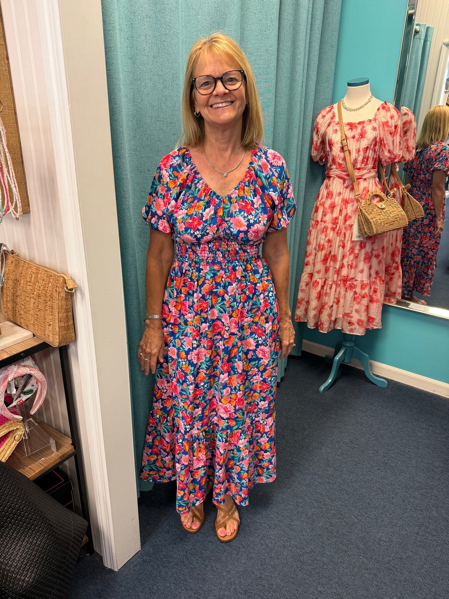 Floral V-Neck Bubble Sleeve Smocked Waist Maxi Dress-Navy