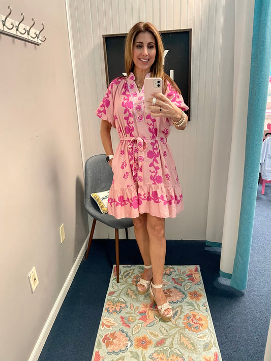 Vertical Floral Print Tie Waist Dress-Pink