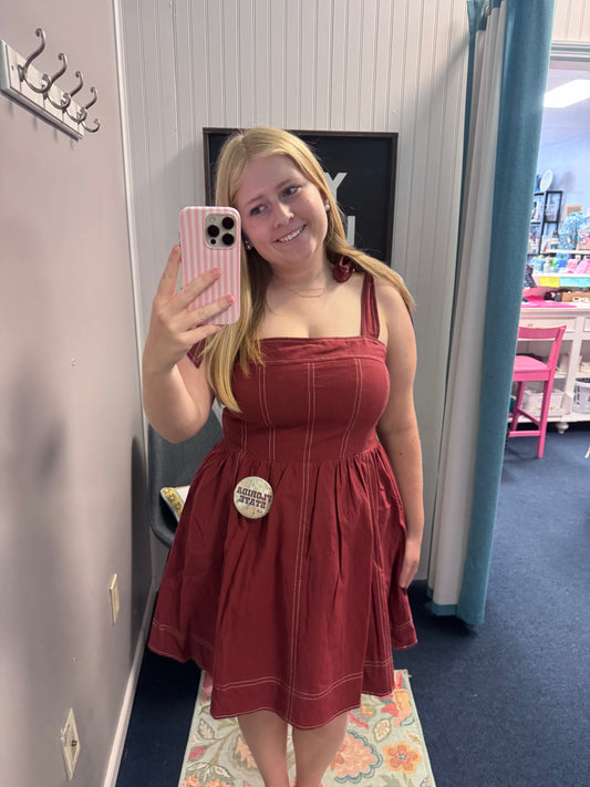 Solid Tie Shoulder Smocked Back Contrast Stitch Dress
