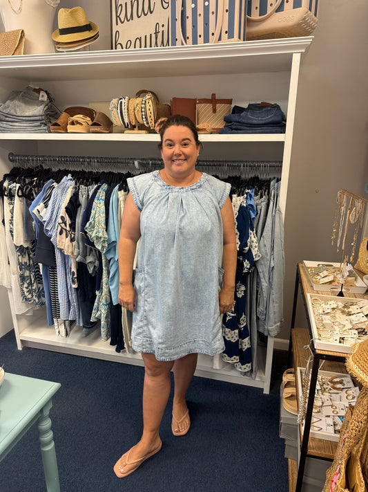 Washed Denim Pleated Cap Sleeve Dress-Light