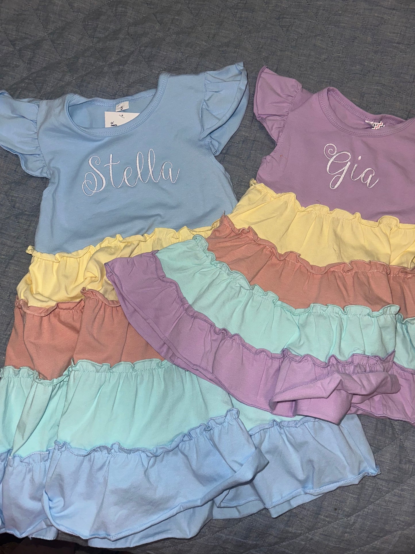 Blue Rainbow Ruffle Tiered Dress W/ Personalization