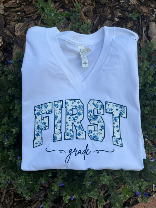 Chinoiserie Floral First Grade Teacher Shirt