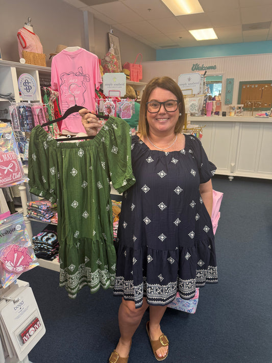 Square Neck Short Sleeve Border Print Dress