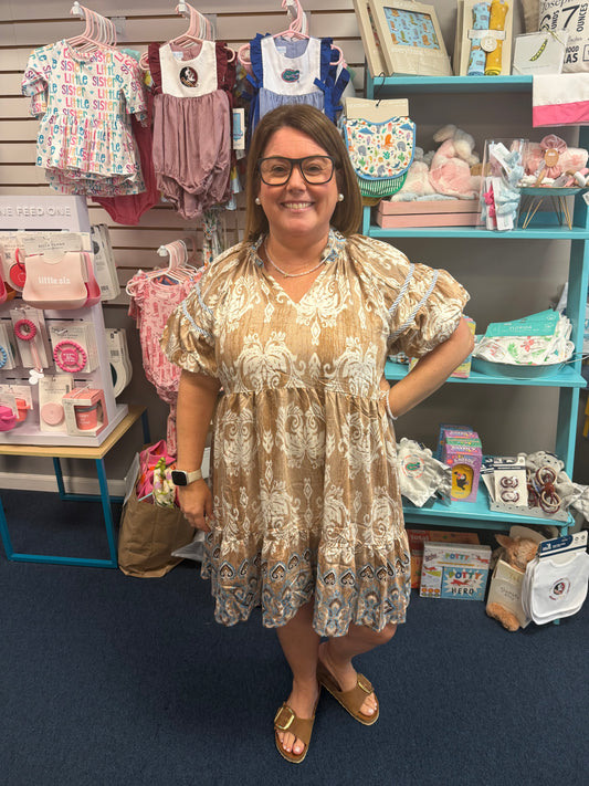 Medallion Border Print Tie Neck Tiered Dress-Taupe