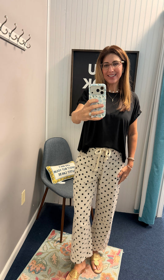 Polka Dot Drawstring Barrel Pant-Beige