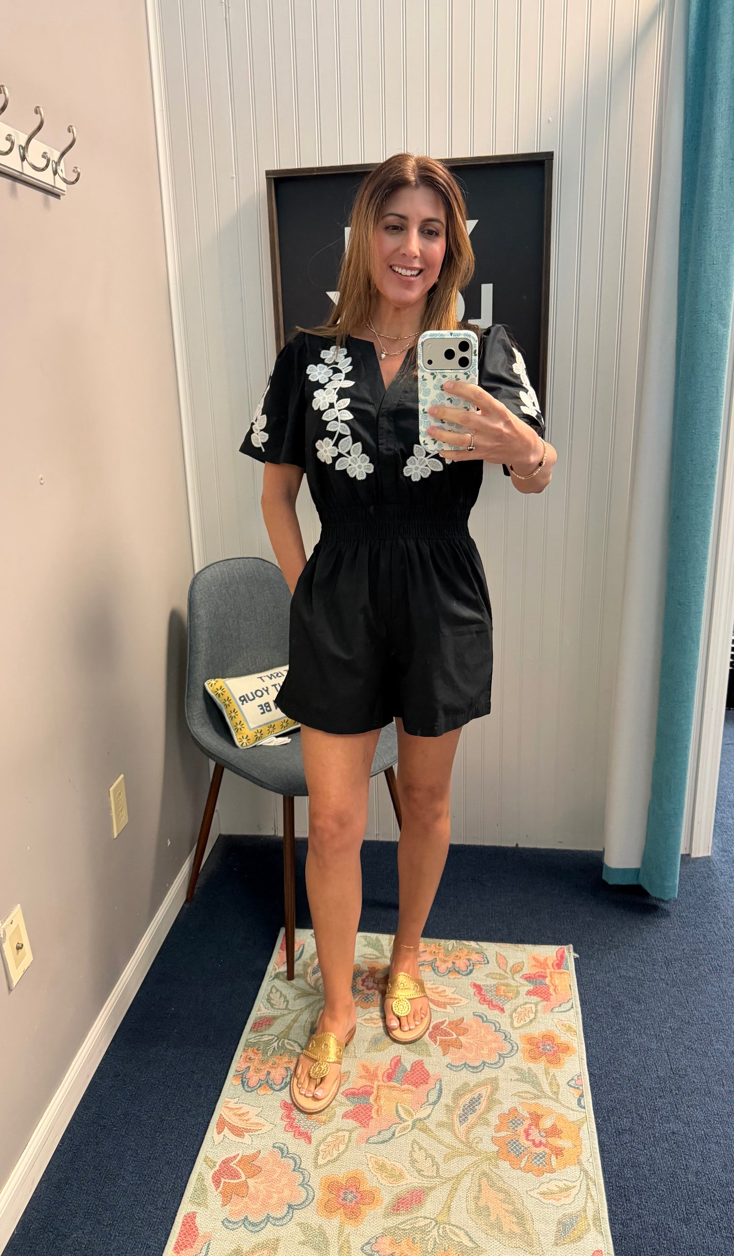 Solid Romper w/Floral Embroidered Top-Black