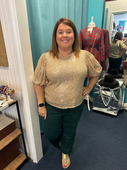 Half Puff Sleeve Sequin Top - Gold