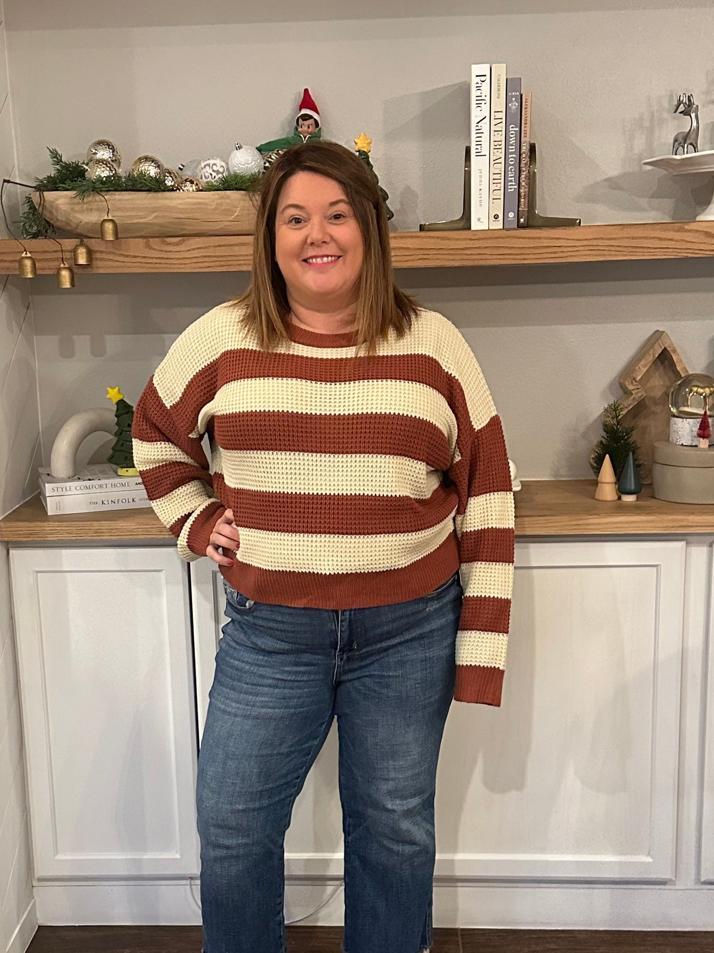 Striped Waffle Weave Round Neck Sweater-Red Bean