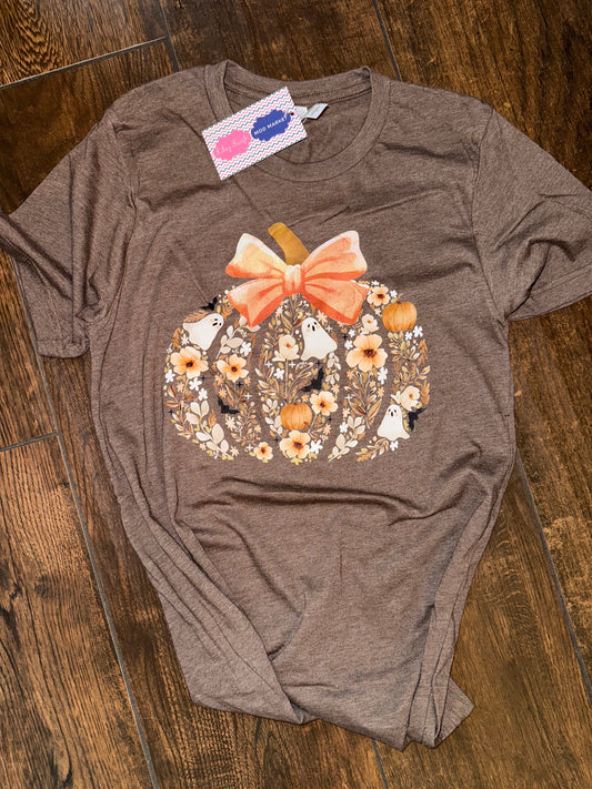Spooky Pumpkin Bow T-Shirt-Brown