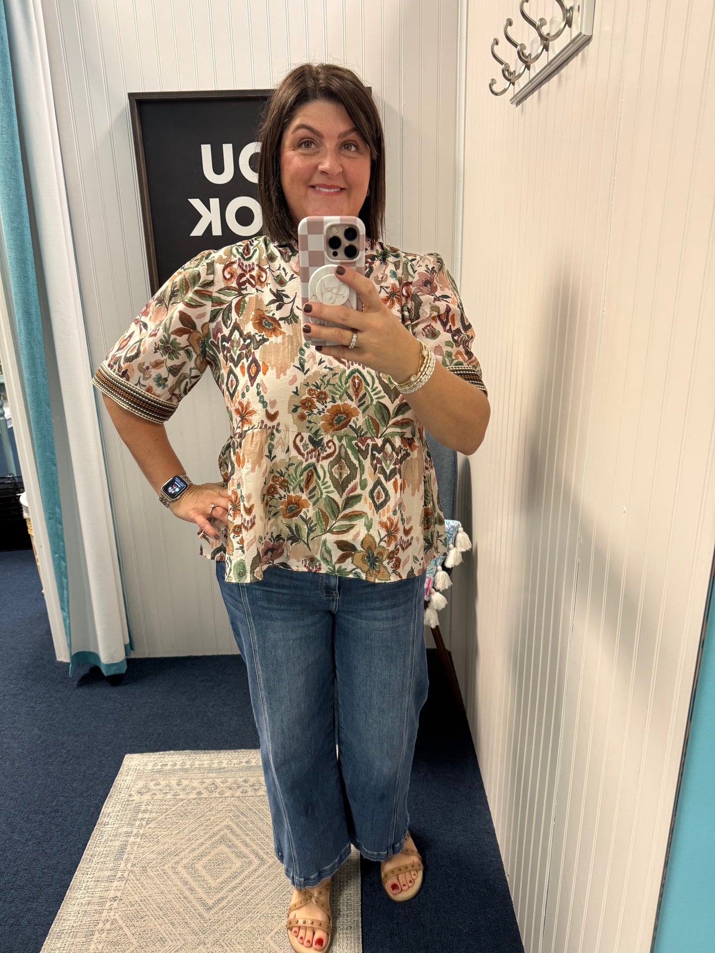 Floral Peplum Banded Sleeve Detail Top-Olive