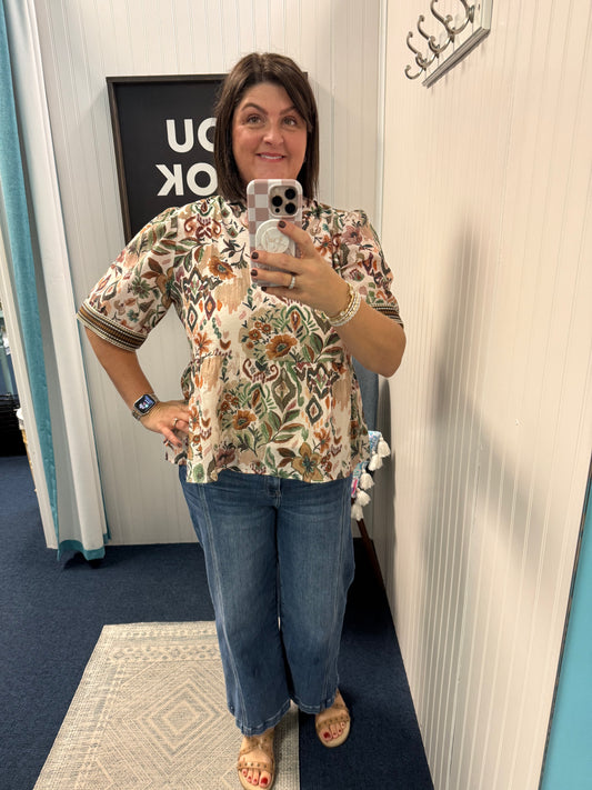 Floral Peplum Banded Sleeve Detail Top-Olive