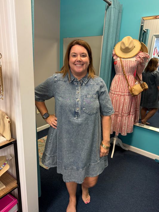 Acid Wash Denim Collared Pocket Pleat Back Dress