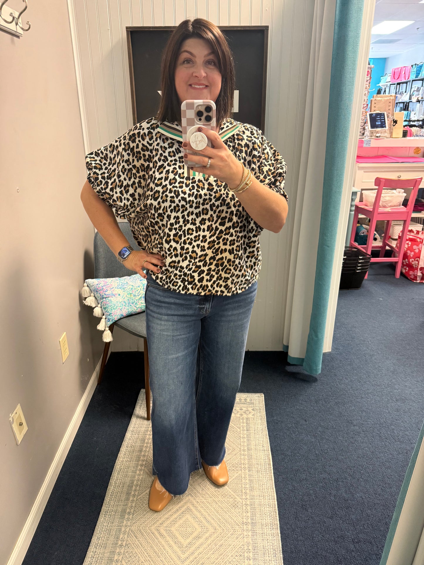 Leopard Contrast Stripe Neck Dolman Top-Camel