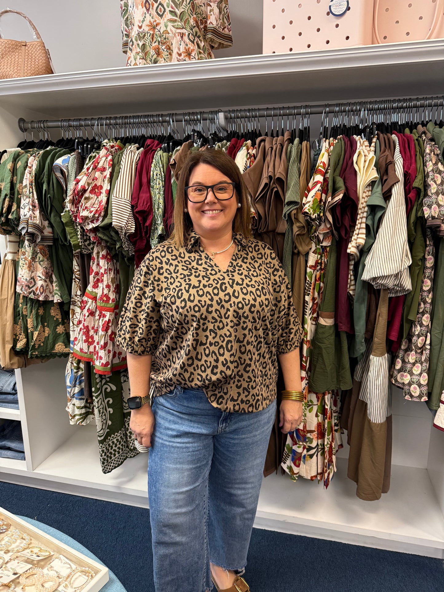 Leopard Drop Shoulder Collared Top