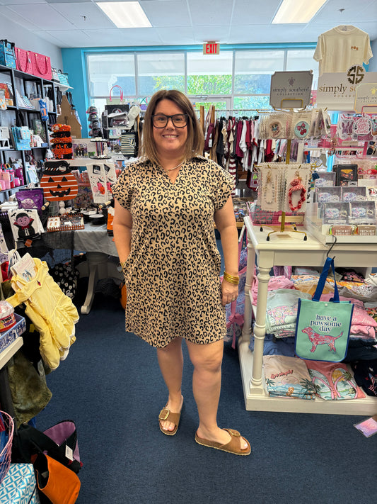 Leopard Open Collar Back Pleat Dress