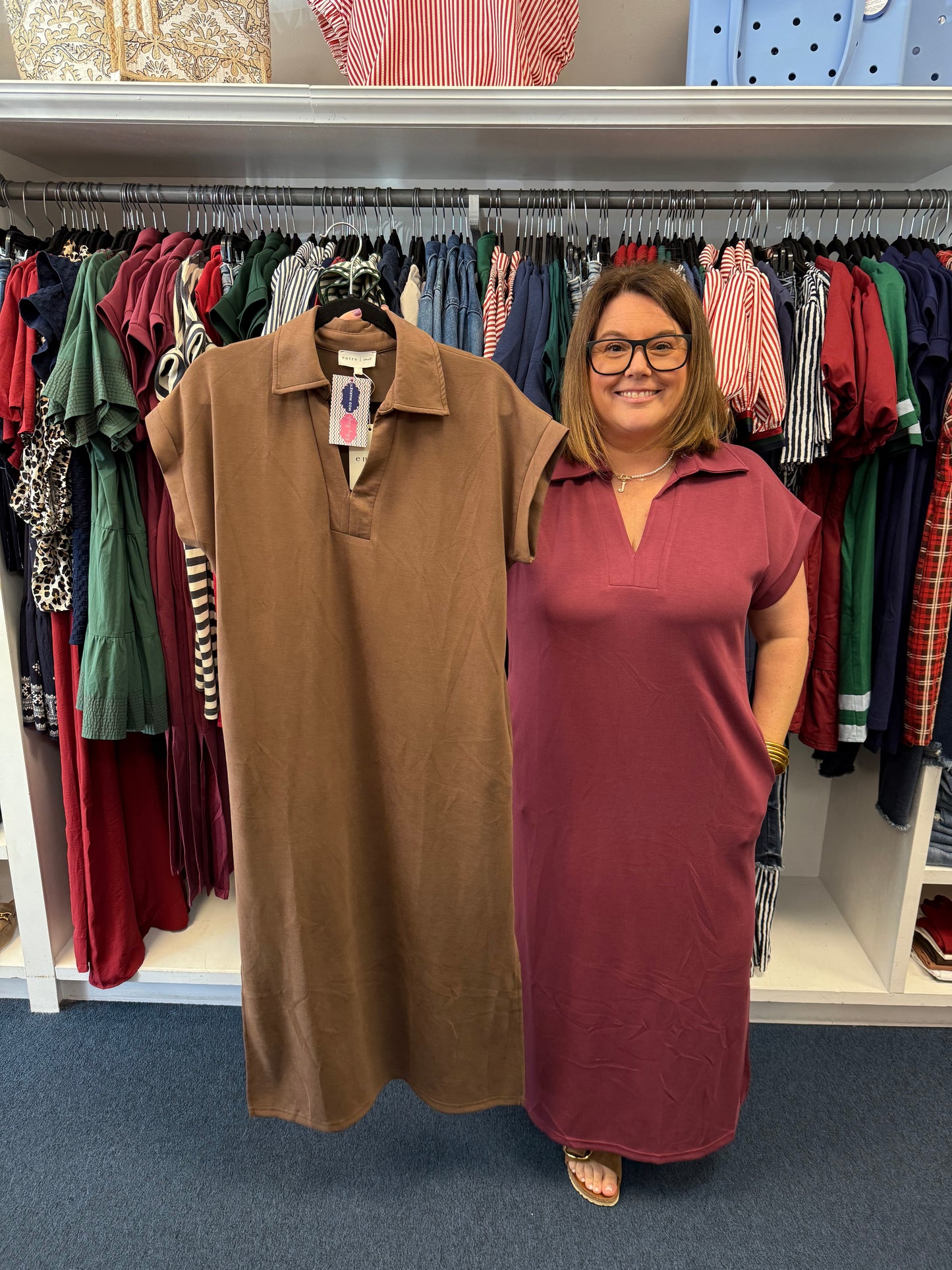 Solid V-Neck Short Sleeve Collared Midi Dress