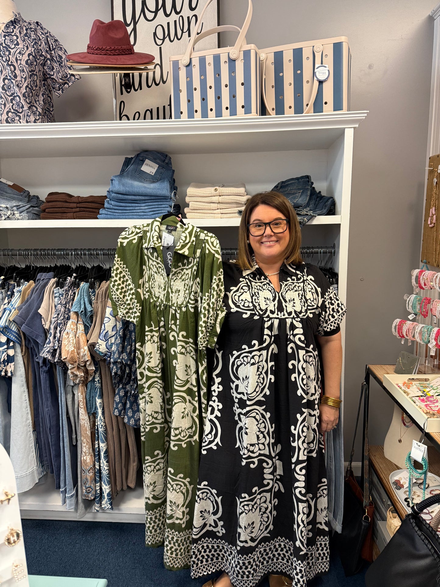 Border Print Smocked Yoke Puff Sleeve Midi Dress-Black