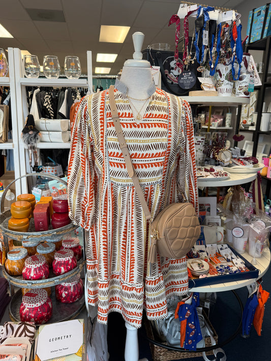 Mixed Stripes 3/4 Balloon Sleeve Dress-Rust