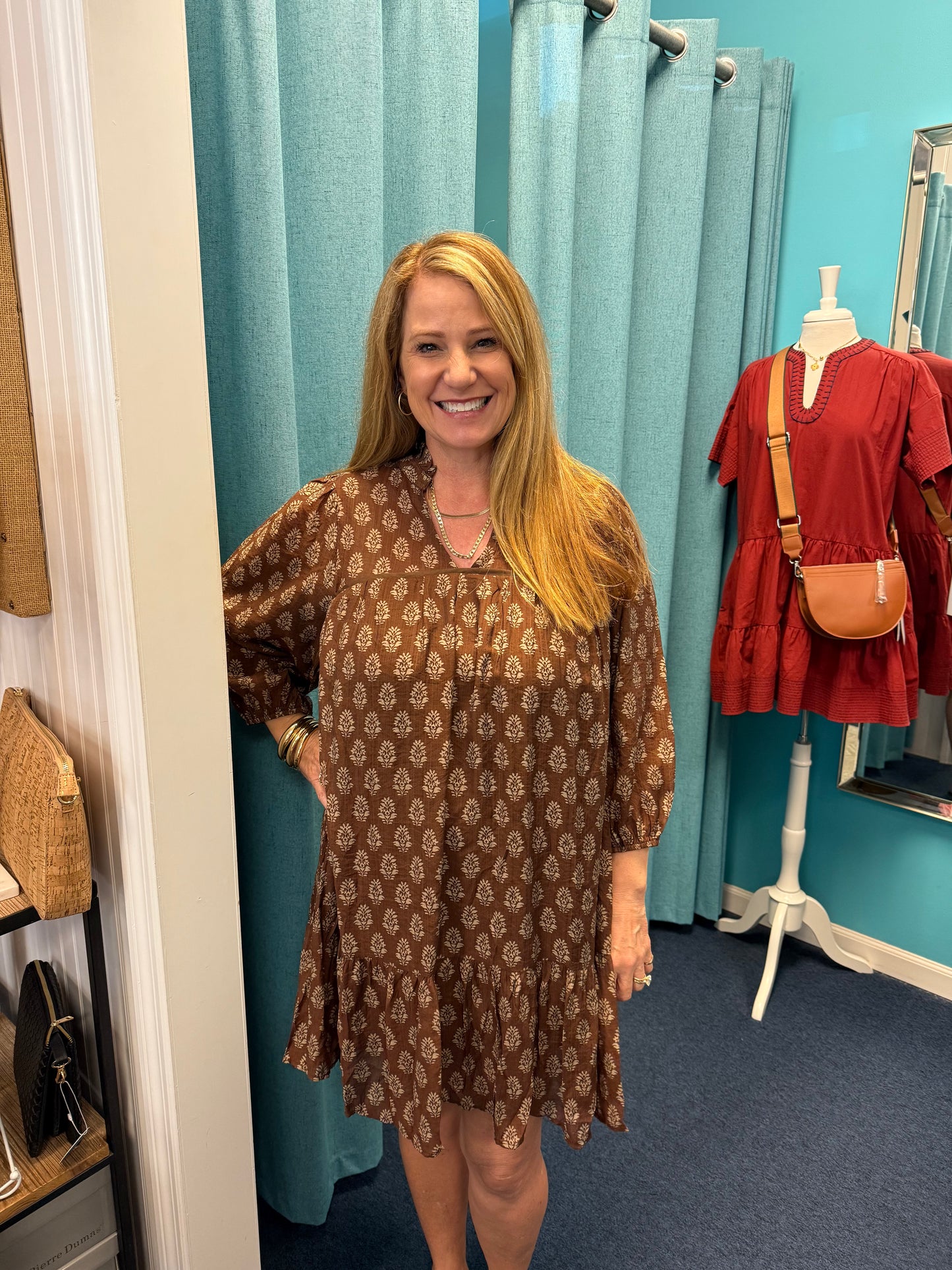 Floral Medallion 3/4 Sleeve Split Neck Dress-Brown