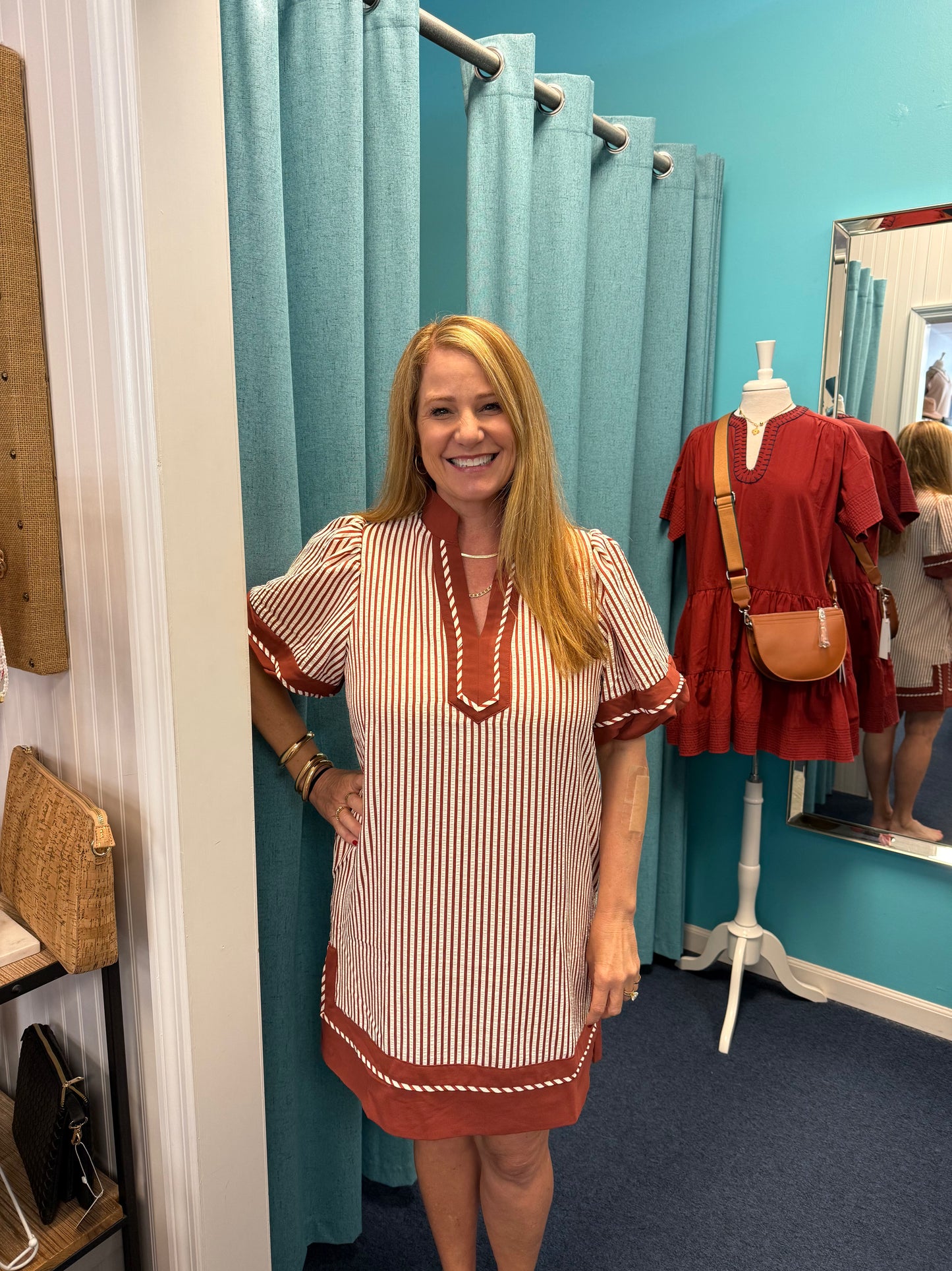 Striped Lantern Sleeve Caftan Split Collar Dress-Brick