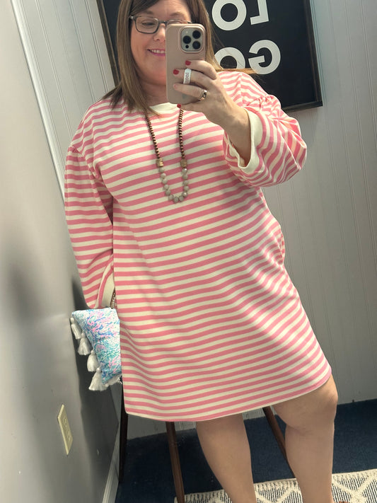 Striped 3/4 Banded Sleeve Crew Neck Dress-Pink