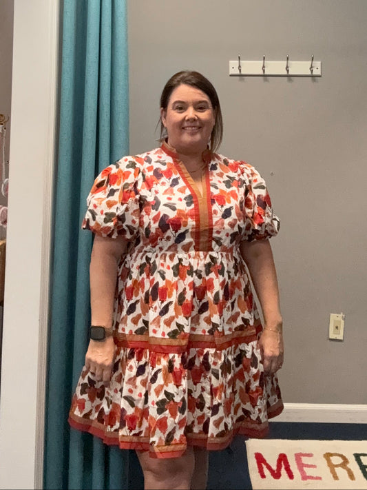 Floral Leaves Dress w/Color Strip Hem & Neck-Pumpkin
