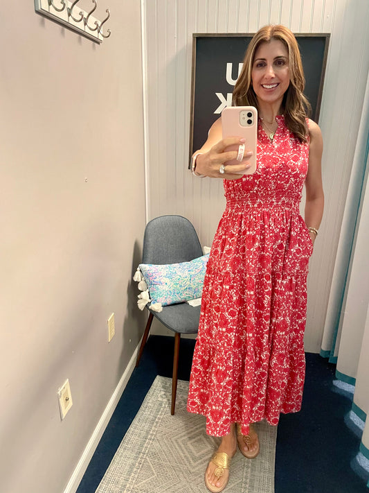 Sleeveless Floral V-Neck Tiered Midi Dress-Red