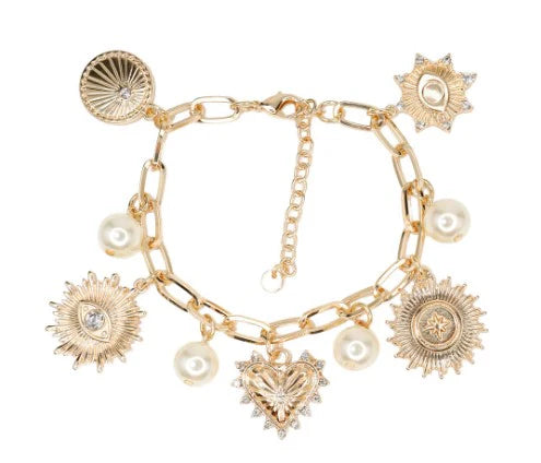 Heart, Pearl, Sunburst Gold Charm Bracelet