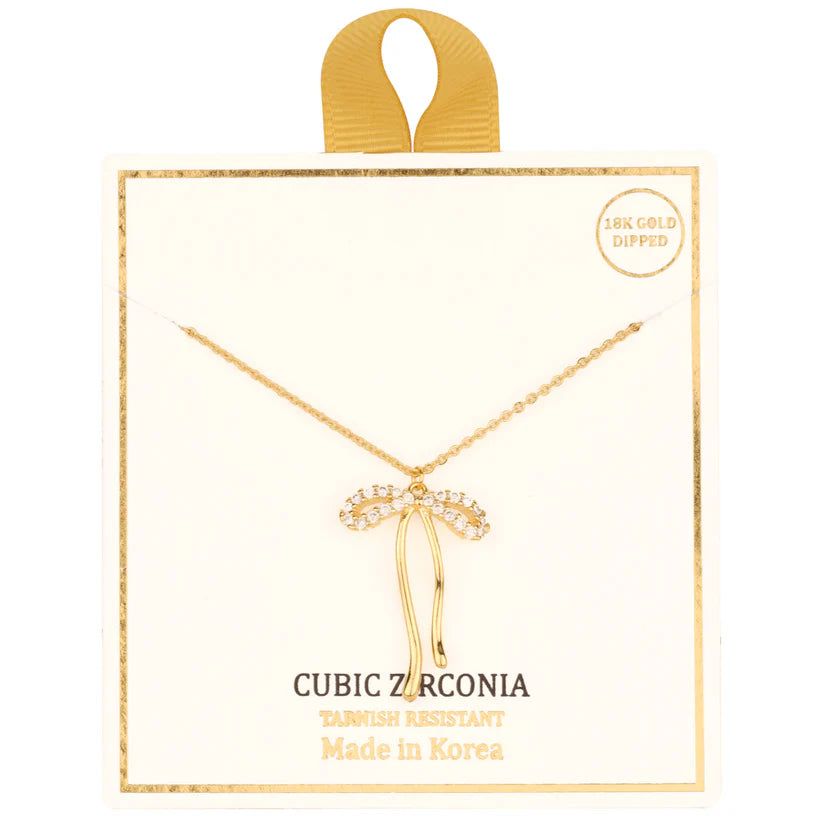 CZ Bow Pendant Necklace-Gold