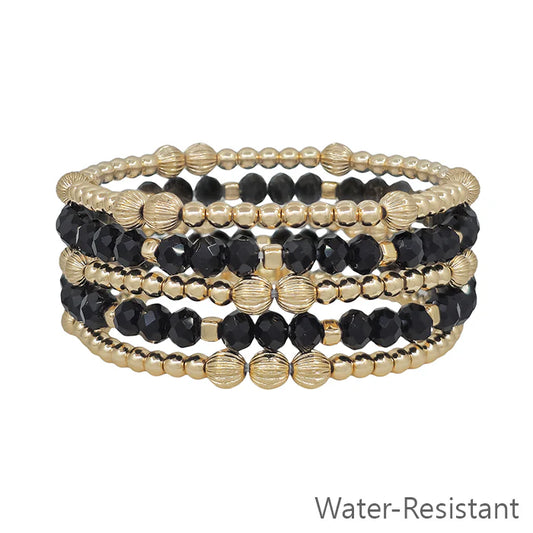 Textured Gold Ball & Gemstone Bracelet Set-Black