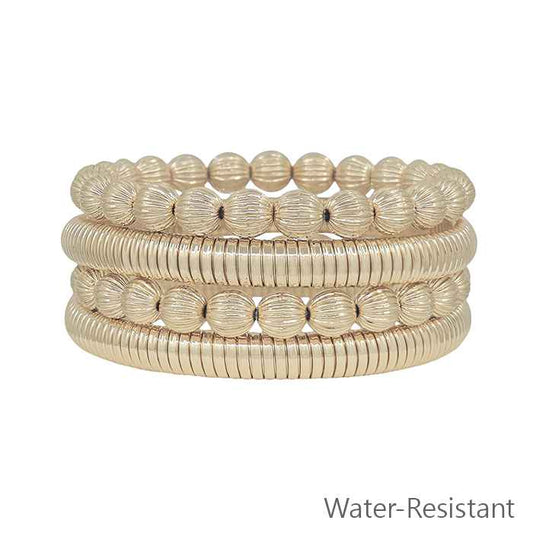 Metal Textured Bead & Ribbed Bangle Bracelet Set