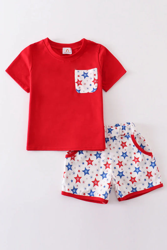 Red Patriotic Star Print Shorts & Pocket Tee