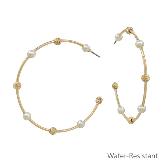 Pearl & Gold Ball Large Hoop Earring