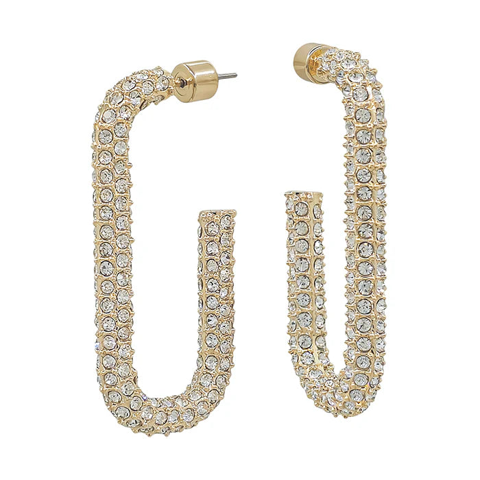 Gold Rhinestone Pave Rectangle Hoop Earring