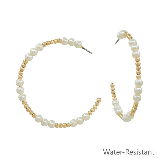 Large Gold Ball Bead & Pearl Hoop Earring