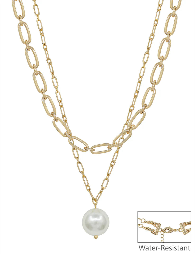 Gold Layered Pearl Drop Chain Necklace