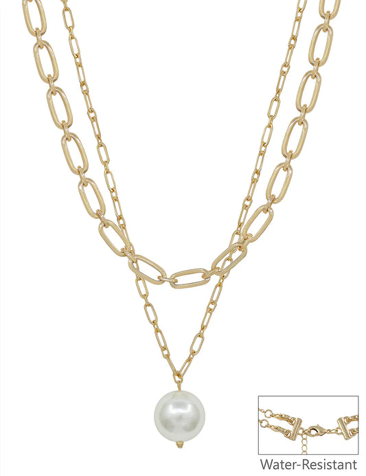 Gold Layered Pearl Drop Chain Necklace