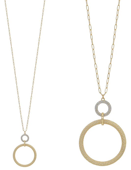 Gold Textured Pave Circles Long Necklace