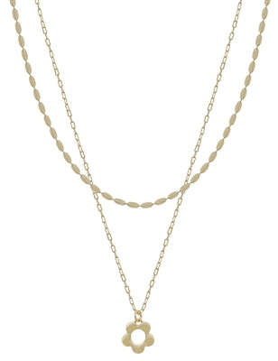 Layered Chain W/ Flower Charm Necklace - Gold