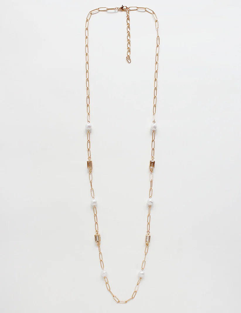 Pearl & Rectangle Gem Chain Long Necklace