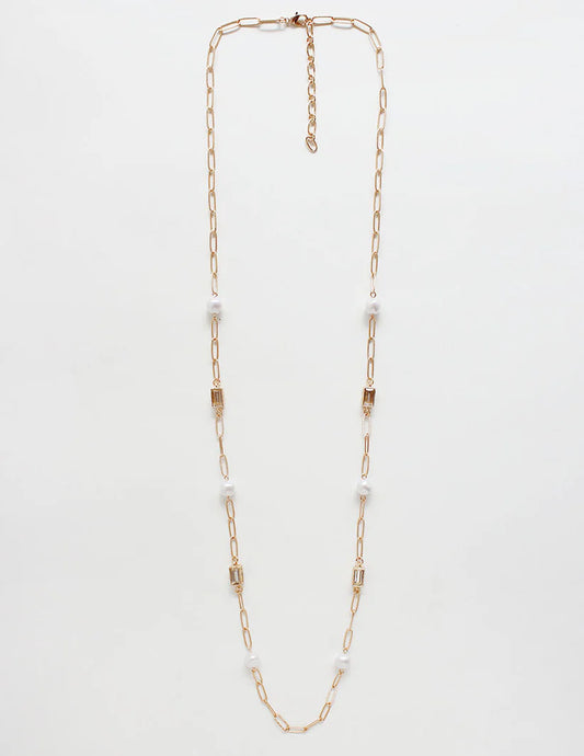 Pearl & Rectangle Gem Chain Long Necklace